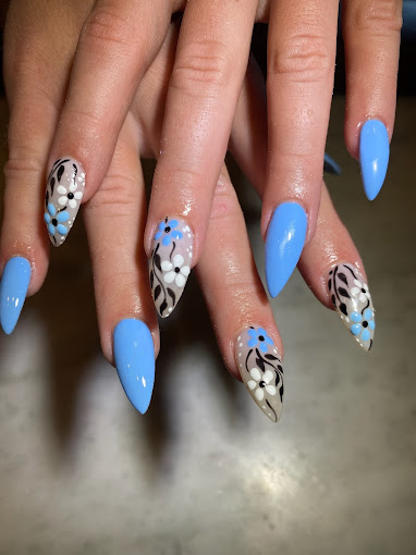 Blue and White Flowers with Black Leaves Vines Ferns Nail Art Design Nails