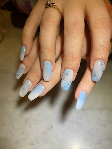 Pastel Blue and White Shimmery Striped Square Nails