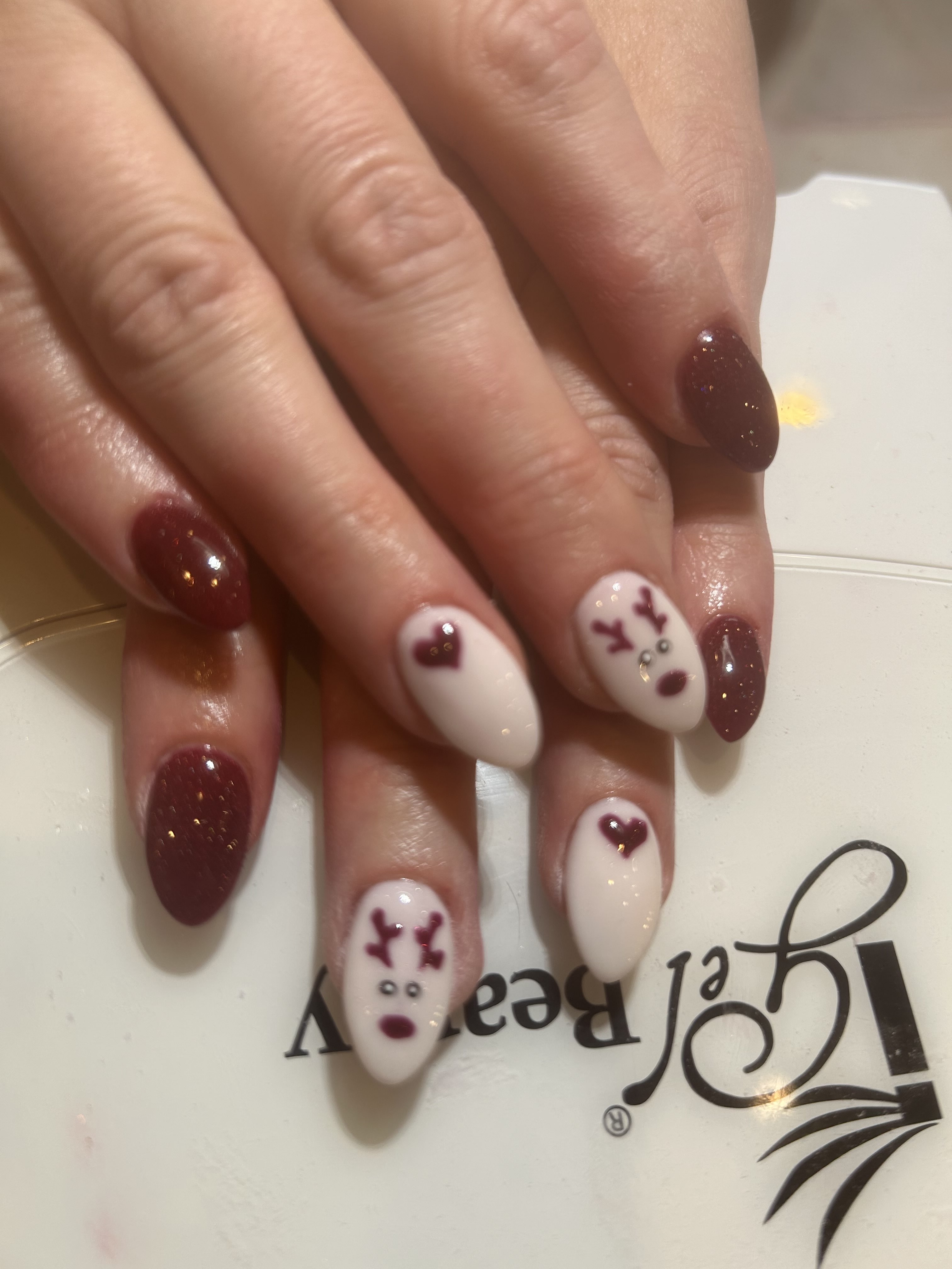 Holiday Christmas Rudolph Reindeer Red and White Nail Art Nails