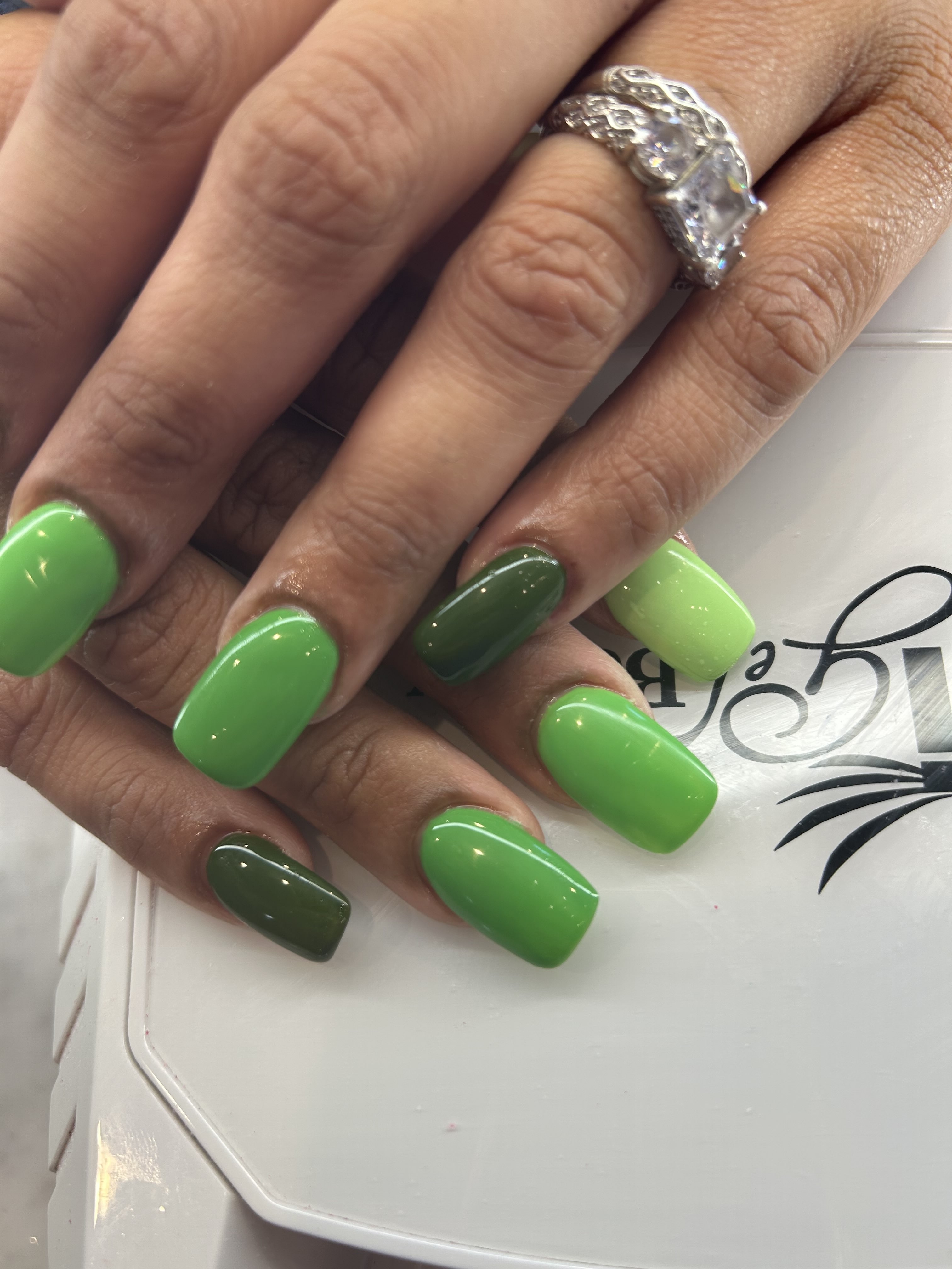 Lime Green and Dark Green Accent Sculpted Nails