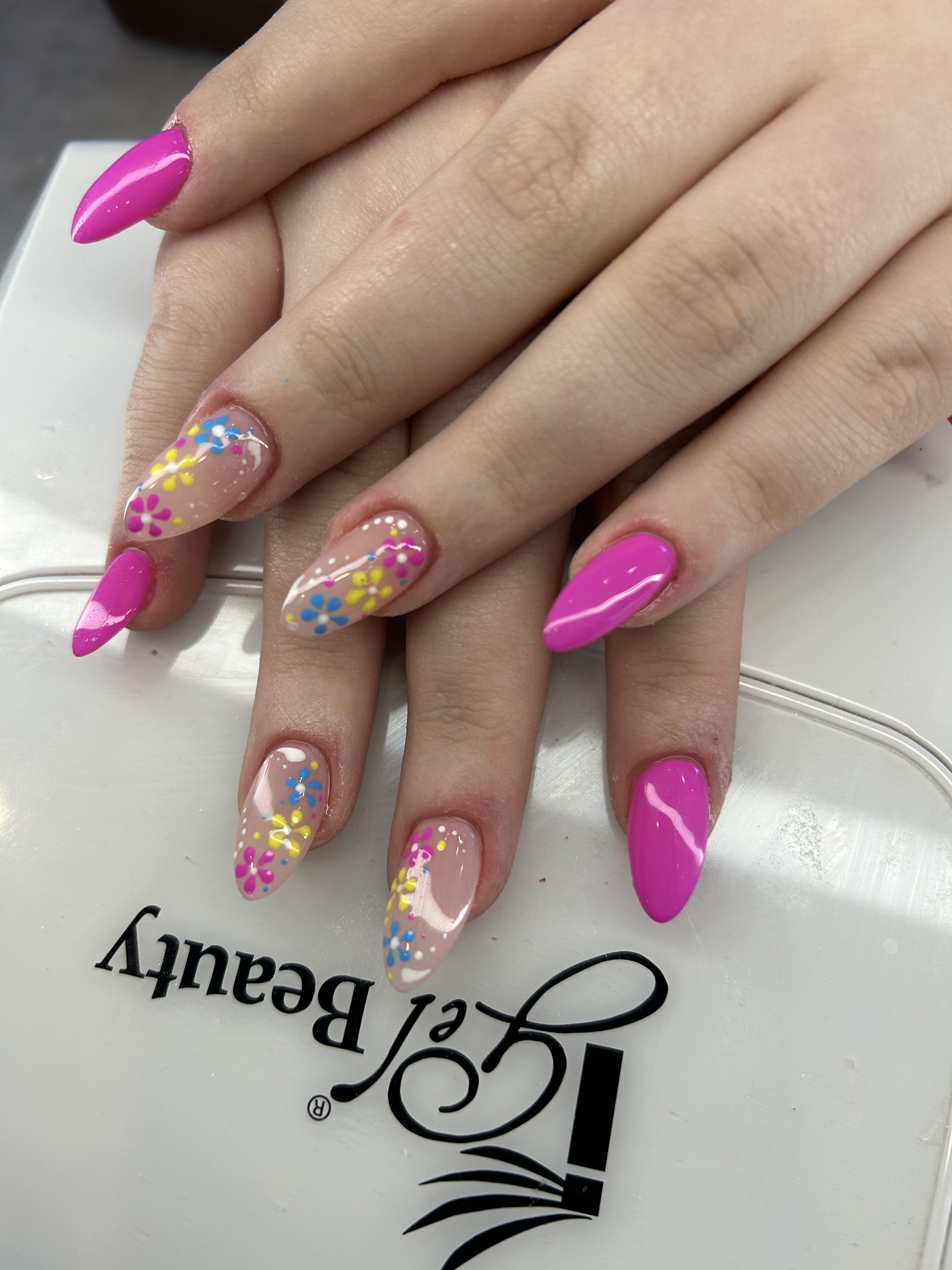 Blue Yellow Pink Flower Hot Pink Accent Nails