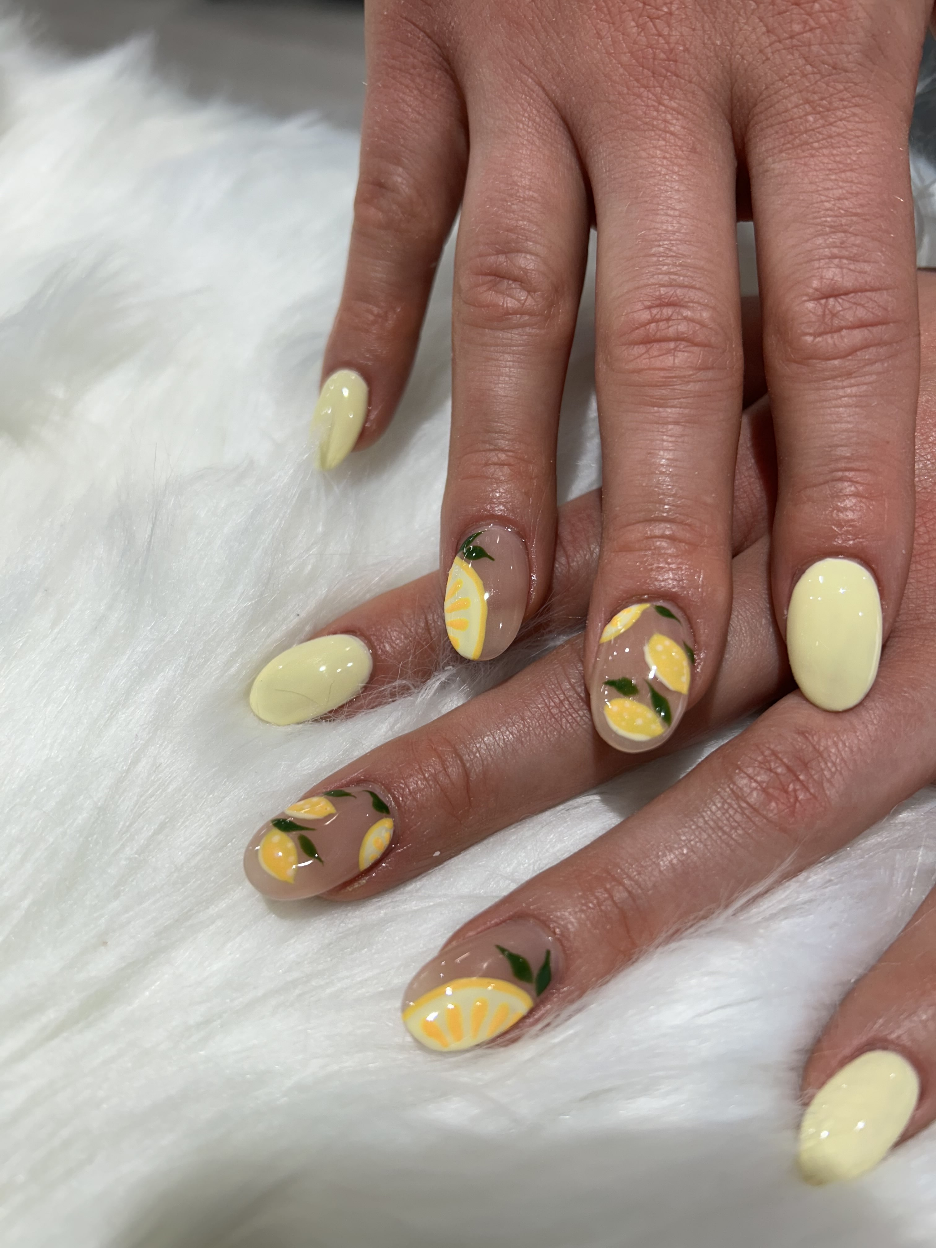 Pastel Yellow Cute Cartoony Lemon Nail Art Design Round Oval Nails