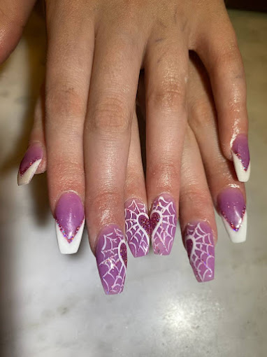 Spiderman Spider Web Heart Nail Design Light Purple Pointy White French Tip Coffin Nails
