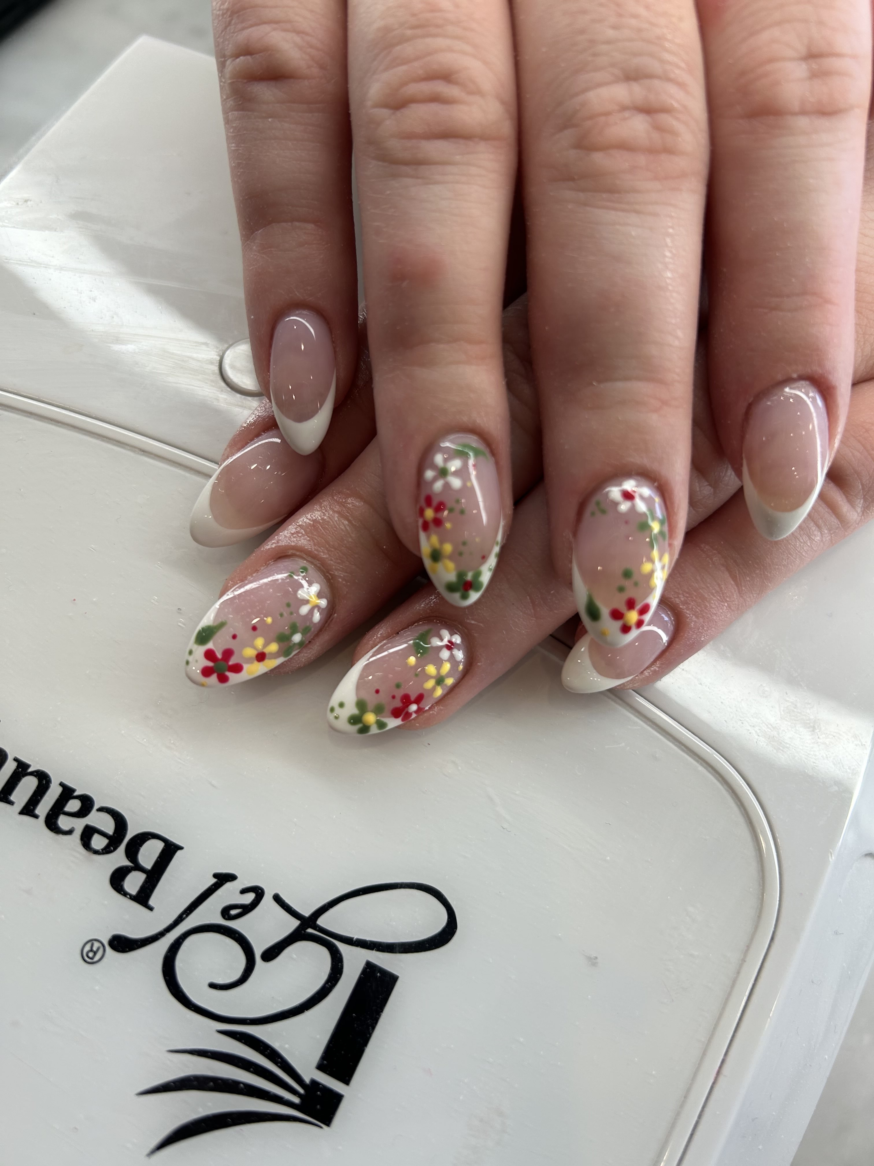 Floral Red Green Yellow and White Multiple Color Flowers French Tip Nails